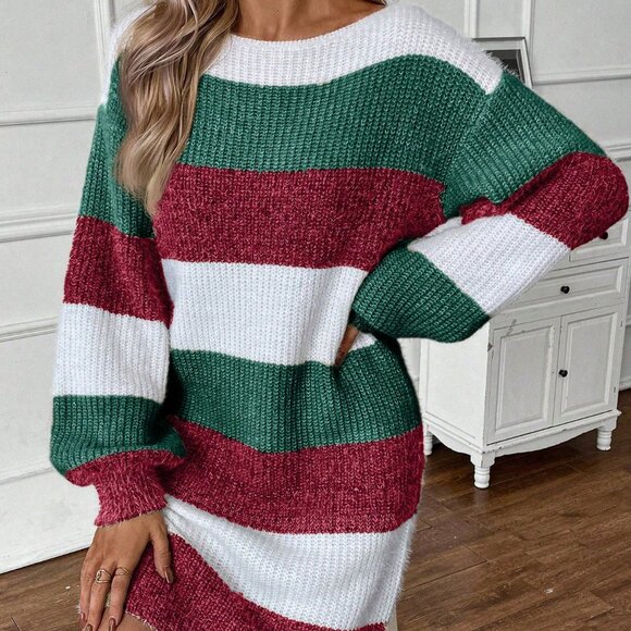 Multicolor Casual Women's Color lock Striped Lantern Sleeve Sweater Dress - Picture 3 of 5